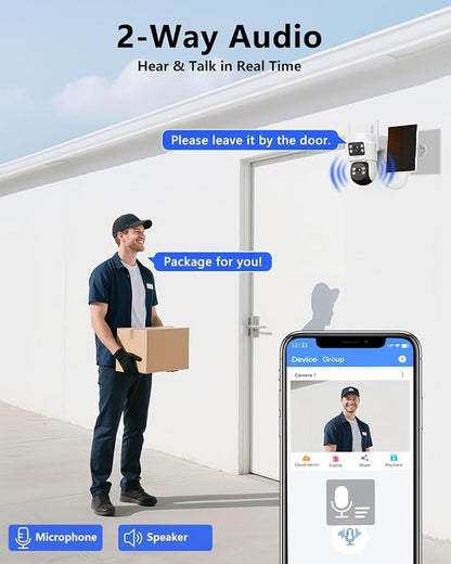 【Auto Tracking & 2-Way Audio】 Solar Powered PTZ Camera System, Wireless Outdoor Security Cameras, WiFi Home Video Surveillance Systems DVR Kits