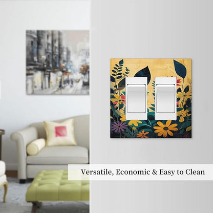 Abstract Minimalist Floral Botanical Boho Flower Outlet Covers Light Switch Cover Plate 2 Gang Double Rocker Wall Plates Decorative Switch Plates Plug Cover Electrical GFCI Receptacle 4.9 X 5 IN