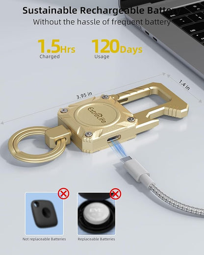 Keychain, Works with Apple Find My, Heavy Duty Keychain Bottle Opener, Carabiner Car Key Chains with GPS Tracker, Key Finder, Bluetooth Tracker for Luggage, Kids, Bags and More, Rechargeable, Gold