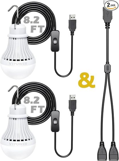 2 Pack USB Light Bulb, USB LED Camping Light Lantern, 8.2 ft Extra Length Cord Tent Light with USB Y-Cable, Portable LED Bulb for Garage Warehouse Car Truck Fishing Boat Room Emergency Light, White