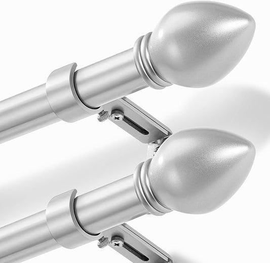 Curtain Rods for Windows 16 to 136 inches, Curtain Rod Max Adjustable Length to 146 in, Drapery Rod 1 inch Diameter with Modern Knobs Finials (Satin Silver, 16" to 136" - Set of 2)