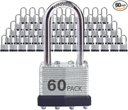 Lock Outdoor Padlocks, Key Lock, Padlocks with Same Key - Laminated Steel Keyed Padlocks with Long Shackle, 60 Pack, for Hasp Latch, Sheds, Fences, Storage Locker, School, Gym