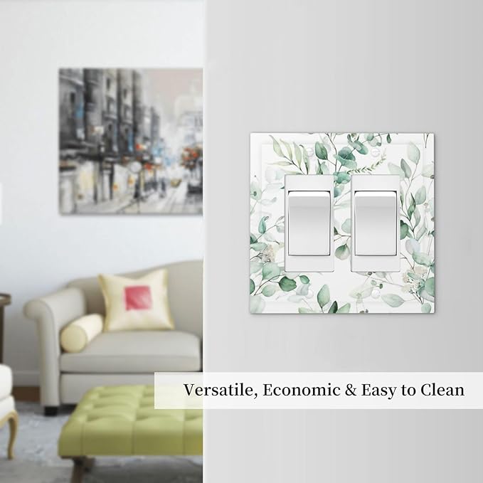 Boho Green Eucalyptus Leaf Floral Plants Flowers Decorative Outlet Covers 2 Gang Double GFCI Rocker Electrical Wall Panels Light Switch Cover Plate for Bed Room Living Room Decor