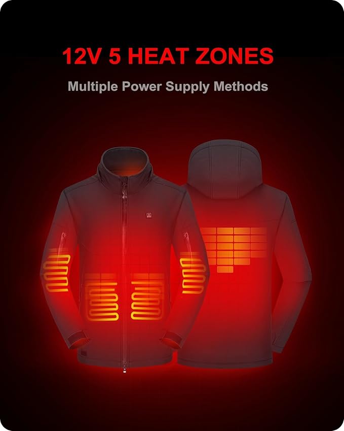 DEWBU Soft Shell Heated Jacket for Men with 12V Battery Pack and Detachable Hood Outdoor Electric Heating Coat