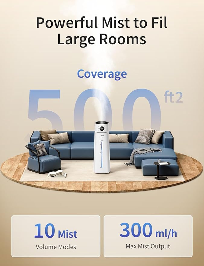 JRD 8L/ 2.1Gal Humidifier Large Room, Ultrasonic Cool Mist for Bedroom, Quiet Humidifier with Remote Control, 10 Mist Modes, 24H Timer, 40H Run, AI Mode, Night Light for Home Office Baby Pets-White