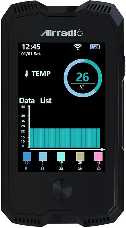 AirRadio Air Quality Monitor Meter A6 Carbon Dioxide Detector Air Quality Pollution Tester for CO2 PM2.5 PM10 Temp Humidity in Indoor Air Quality Meter with Electrochemical Sensor,Black