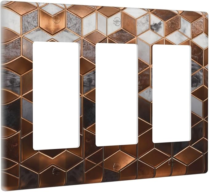 Brown Abstract Luxury Modern Geometric Cubic Marble 3 Gang Triple Rocker Decorative Light Switch Covers Electrical Faceplate Switch Plates for Bathroom Kitchen Home
