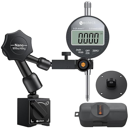 Neoteck 1"/25.4mm (0.0005"/0.01mm) Digital Indicator Set Dial Indicator and Magnetic Base Set with Storage Case, Ideal for 3D Printer Lathe Workshop CNC Machine Table Saw-90lbs(40kg) Max Pull-Black