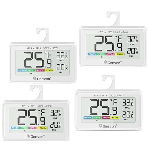Geevon Digital Refrigerator Thermometer 4 Pack, IP65 Waterproof Fridge and Freeze Thermometer with Magnetic Back Large LCD，Max/Min Record Function for Home,Commercial