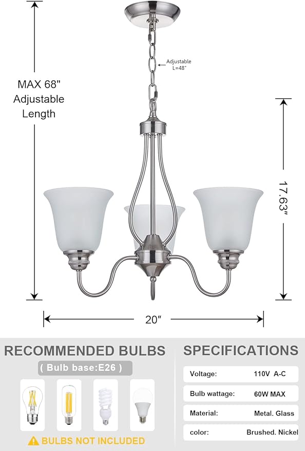 3 Light Chandelier with Brushed Nickel Finish, Classic Style Ceiling Light Fixture with Frosted Glass Shade for Meeting Room Dining Room Living Room Corridor, LED Bulb(not Include)