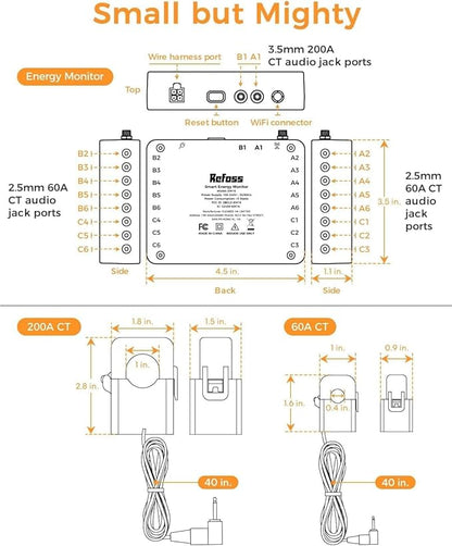Smart Home Energy Monitor Supports Home Assistant, Real-Time Accurate Energy Consumption Tracking, Electricity Usage Monitor with 16x60A Circuit Sensors, 36-Month History, Solar Metering, 2.4G