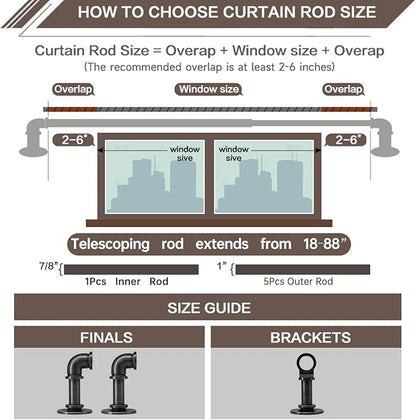Industrial Curtain Rods 18 to 88 in,Wrap Around Rods, Adjustable Curtain Pole,1 in Diameter Pipe Wall or Ceiling Mounted,for Living Room(Antique Nickel 18” to 88”)