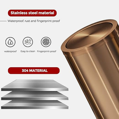 Antique Brass Bathroom Trash can with lid，Stainless Steel,Small Grabage Can with Flipping Lid, 9L/2.4Gal for Living Room,Bedroom,Guest Room,Hotel (Rose Gold)