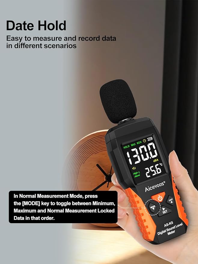 Decibel Meter Portable Sound Level Meter dB Meter decibel sound Meter Measuring 30~130 dB, Audible and Visual Alarms, MAX/MIN Noise Measurement