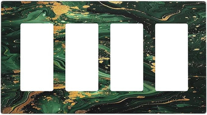 Green/Gold Modern Abstract Luxury Marble 4 Gang Wall Plates Outlet Covers Quad Rocker Light Switch Cover Plate Decorative Switch Plates GFCI Electrical Faceplate for Bathroom Bedroom 4.5 X 8 IN