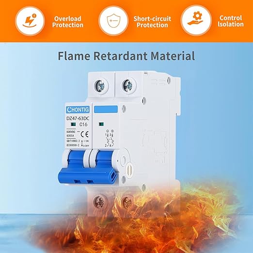 16 Amp Miniature DC Circuit Breaker 500V 2 Pole, Solar PV Disconnect Switch with Thermal Magnetic Trip, DIN Rail Mount Isolator C16