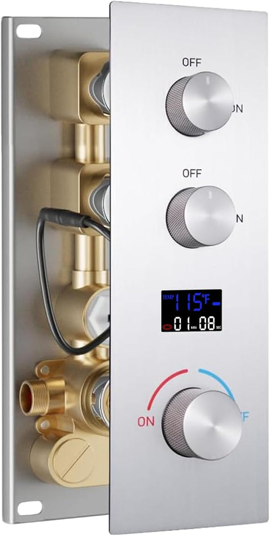 2 Way Shower Diverter Valve Brass 2 Functions Digital Temperature Display Thermostatic Shower Mixing Valve Kit 3 Handle Flow Cotrol Valve, Can Run Simultaneously Brushed Nickel