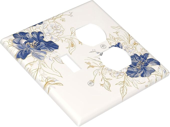 Decorative Outlet Covers Rustic Blue Flower Floral Gold Leaf 2 Gang Light Switch Cover Plate Single Toggle Duplex Wall Plates for Electrical Outlets Switch Plate Covers for Home Decor