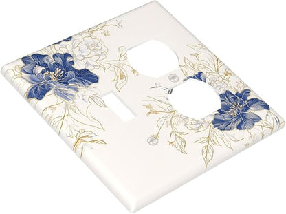 Decorative Outlet Covers Rustic Blue Flower Floral Gold Leaf 2 Gang Light Switch Cover Plate Single Toggle Duplex Wall Plates for Electrical Outlets Switch Plate Covers for Home Decor