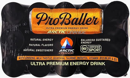 ProBaller Ultra Premium Energy Drink - Natural Clean NSF Certified Sport Drink with Amino Acids, Taurine, Biotin, Organic Agave, Vitamin B 12 Methylcobalamin, & Electrolytes - 15 Pack - Artic Orange