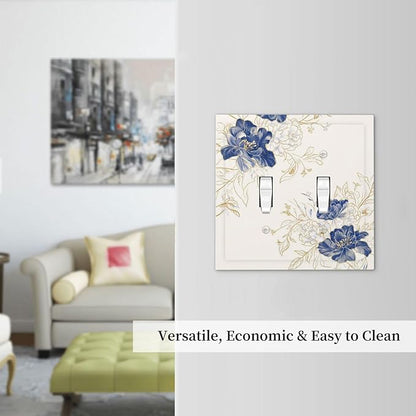 Decorative Light Switch Cover Plate Rustic Blue Flower Floral Gold Leaf 2 Gang Outlet Covers Double Toggle Wall Plates for Electrical Outlets Switch Plate Covers Faceplate for Home Decor