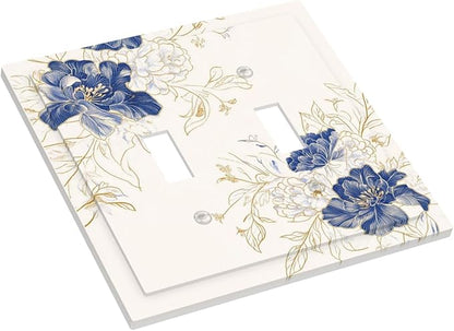 Decorative Light Switch Cover Plate Rustic Blue Flower Floral Gold Leaf 2 Gang Outlet Covers Double Toggle Wall Plates for Electrical Outlets Switch Plate Covers Faceplate for Home Decor