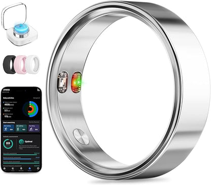 Smart Ring with Vibration Alerts, Health Tracker Ring with Body Temperature Monitor, Heart Rate, Sleep & Fitness Tracking, Waterproof Activity Ring for Men & Women, No App Fees (Silver, 9#)