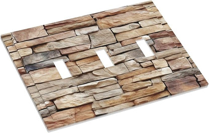 Decorative Switch Plates Stone Textured Brown Brick Natural Stone 3 Gang Wall Plate Triple Toggle Light Switch Cover Faceplate Electrical Wall Panels For Farmhouse Cabin Decor