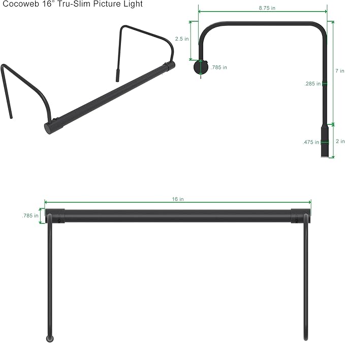 Cocoweb 16 Inch Tru-Slim Oil Rubbed Bronze Picture Light - LED, 2700K, Adjustable Arm, Plug-in, Toggle Switch, Sleek and Compact Design