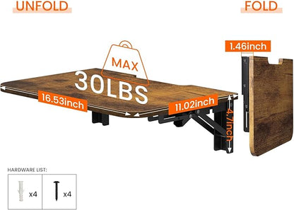 Homode Projector Shelf for Wall, Foldable Floating TV Shelf, Wall Mount DVD Shelf with Heavy-Duty Brackets Under TV for Cable Box, Games Console, 16.5 x 11 Inches, Rustic Brown