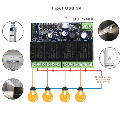 Ewelink WiFi Wireless Smart Relay Module USB 5v 4 Channel Inching Self-Lock Latched Dry Contact Remote Switch for Access Control, Garage Door,Home Automation, Compatible with Alexa Google Home