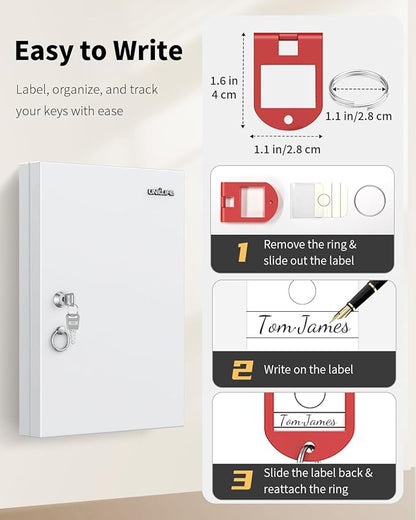 Uniclife 32 Position White Key Lock Box, Wall Mount Key Box, Car Key Organizer with Writable Key Racks and Tags, Security Key Cabinet, Car Key Holder Storage Box for Office Hotel & Company