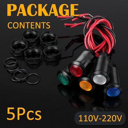 5pcs 12mm LED Indicator Light Plastic Black Signal Dot Lamp 110-220VAC 1/2 inches Mounting Hole Size with 15cm/5.9in. Wire (Mix:Red White Yellow Blue Green)