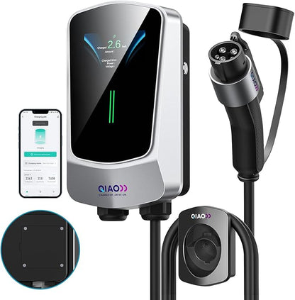 QIAO Level 2 EV Charger Hardwired, Home Charging Station UP to 48A, 240V with Smart APP & Scheduled Charging, J1772 Compatible for All EVs/PHEVs, 25ft Cable, 4.3in Display, IP65 Waterproof