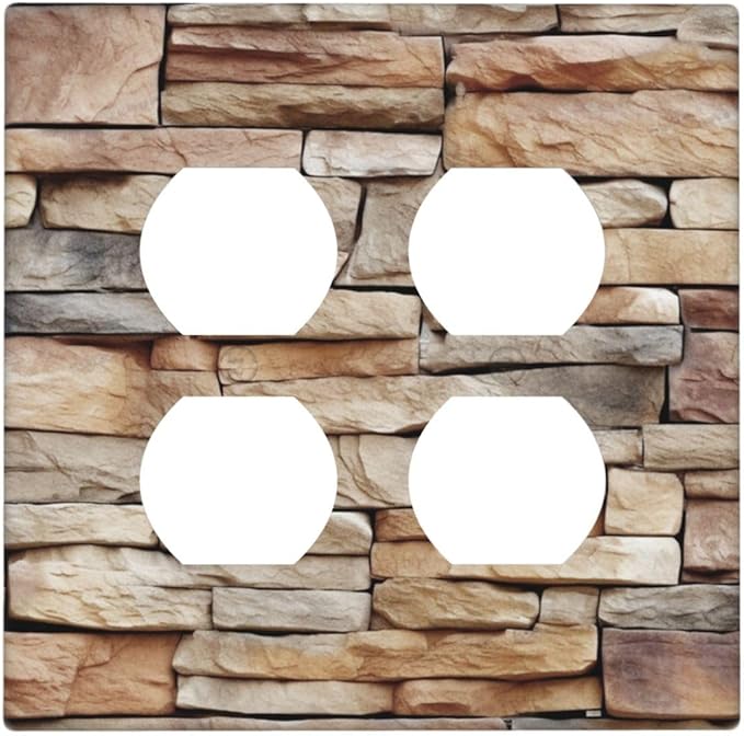 Outlet Covers Stone Textured Brown Brick Natural Stone 2 Gang Double Duplex Decorative Light Switch Covers Electrical Wallplates Socket Faceplate For Farmhouse Cabin Decor