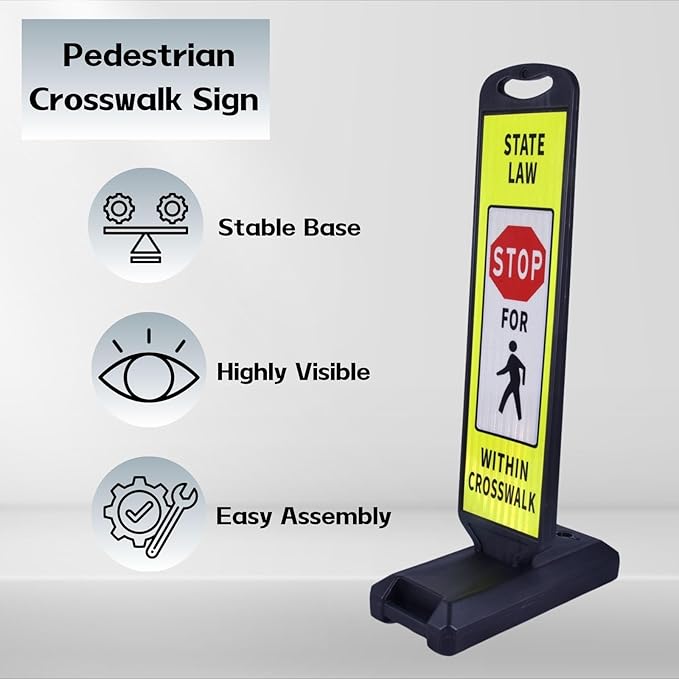Pedestrian Crosswalk Sign with Heavy Weighted Water-Filled Base - 2 Sets, Reflective Safety Traffic Sign for Sidewalks, Parking Lots, and Roadways, Durable and Portable