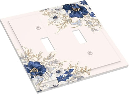 Decorative Light Switch Cover Plate Rustic Blue Beige Flower Peony Floral 2 Gang Outlet Covers Double Toggle Wall Plates for Electrical Outlets Switch Plate Covers Faceplate for Home Decor