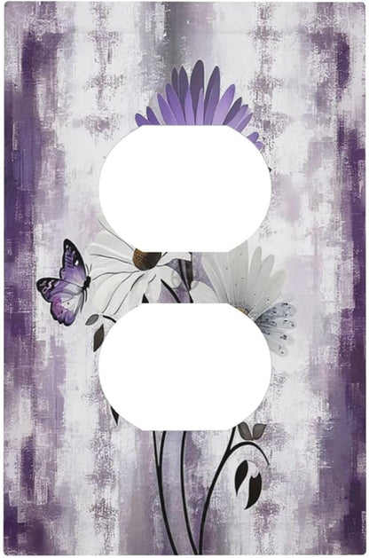 Purple Daisy White Floral Butterfly Flowers 1 Gang Duplex Receptacle Switch Wall Plate Decorative Switchplate Outlet Covers Electrical Plug Cover Faceplate for Bathroom Home Decor 5 X 3 IN