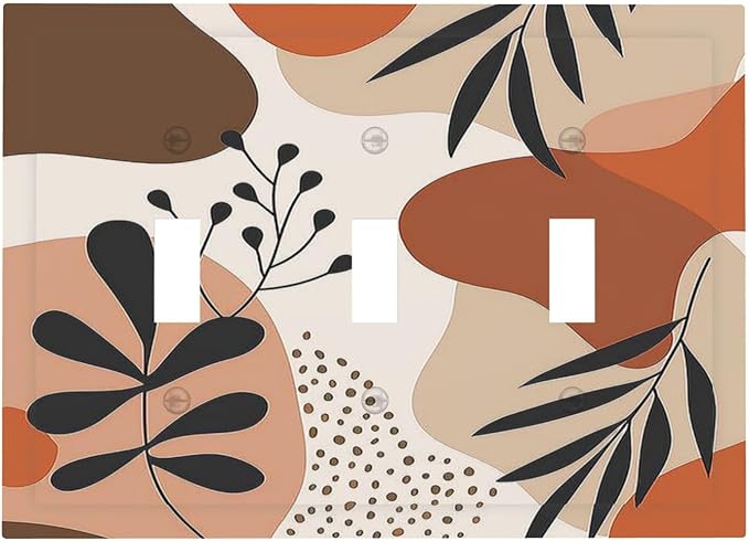 Decorative Switch Plates Boho Botanical Orange Green Beige Minimalist 3 Gang Wall Plate Triple Toggle Light Switch Cover Faceplate Electrical Wall Panels for Bedroom living Room Decor