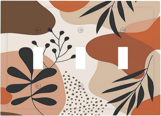 Decorative Switch Plates Boho Botanical Orange Green Beige Minimalist 3 Gang Wall Plate Triple Toggle Light Switch Cover Faceplate Electrical Wall Panels for Bedroom living Room Decor