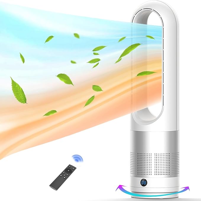 Bladeless Heater and Fan Combo, 1400 Watt Electric Heater and 40 Watt Cooling Fan, 80° Oscillation, All the Season Use, Remote and Touch Control, Office Room, Bedroom Indoor Use, Silver White