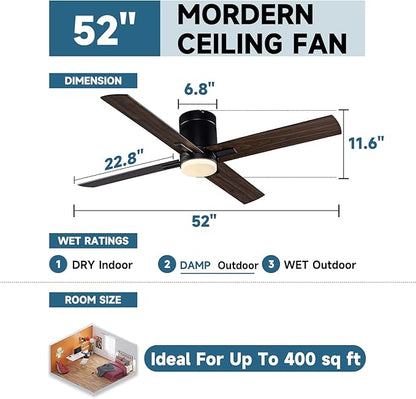 52 Inch Flush Mount Low Profile Ceiling Fan with Light and Remote Control, Reversible 4 Dual Finish Wood Blades, Indoor/Outdoor Ceiling Fan for Patio, Living Room, Bedroom