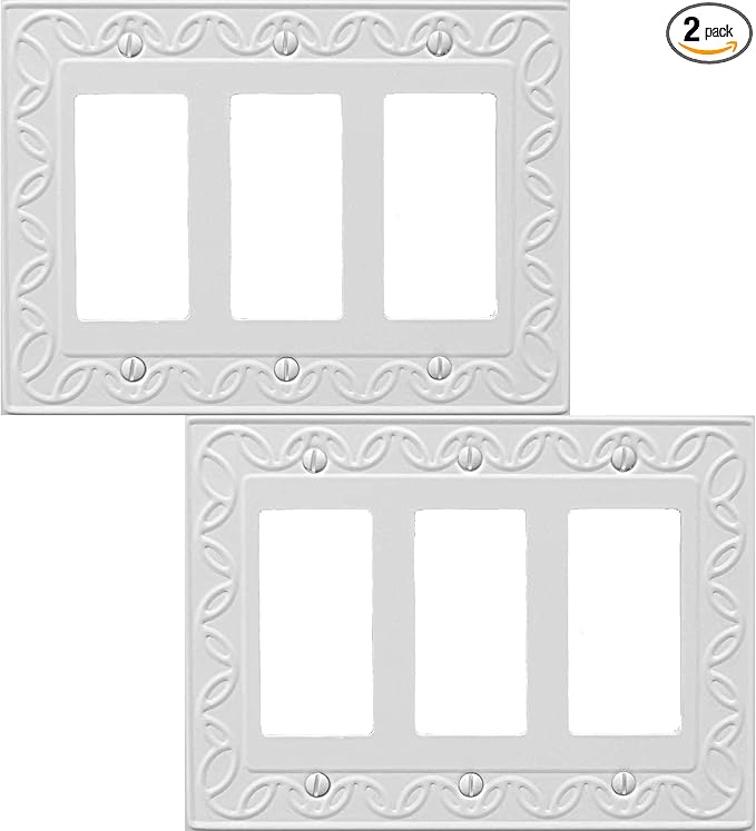 Triple Decorator Light Switch Cover NovaBloom Metal Wall Plate, 2-Pack White 3 Gang Triple Rocker, Receptacle Dimmer Switch Cover GFCI Outlet Decorative Wallplate, Durable
