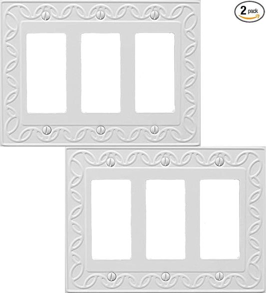 Triple Decorator Light Switch Cover NovaBloom Metal Wall Plate, 2-Pack White 3 Gang Triple Rocker, Receptacle Dimmer Switch Cover GFCI Outlet Decorative Wallplate, Durable
