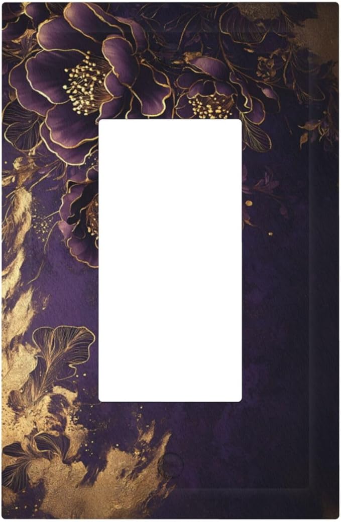 Decorative Outlet Covers Vintage Purple Peony Gold Leaf Flowers Floral 1 Gang Single Decora GFCI Device Light Switch Covers Plate 1 Rocker Wall Plate Jumbo Face Plate for Bedroom Decor