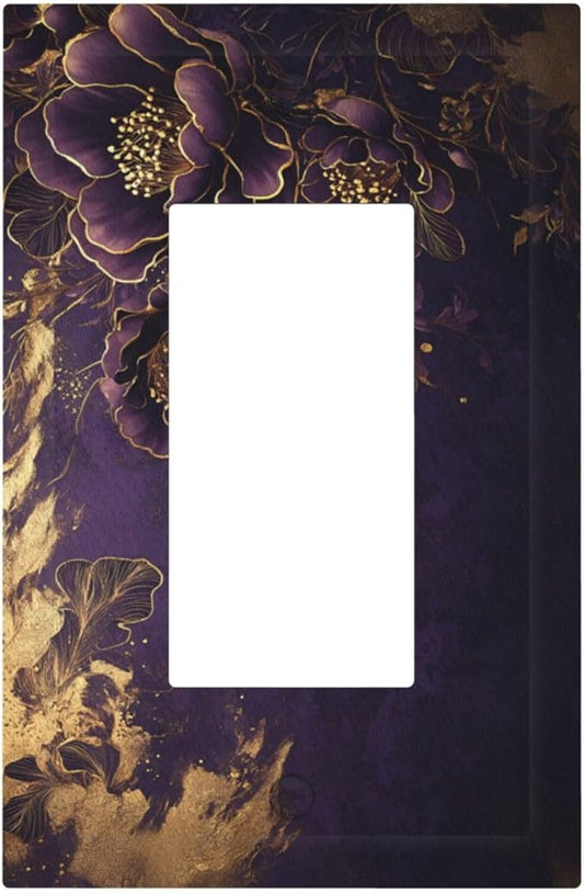 Decorative Outlet Covers Vintage Purple Peony Gold Leaf Flowers Floral 1 Gang Single Decora GFCI Device Light Switch Covers Plate 1 Rocker Wall Plate Jumbo Face Plate for Bedroom Decor