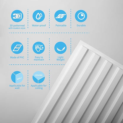 Art3d 6-Pack Slat Design 3D Wall Panels for Interior Wall Decor, 2x4 FT PVC Decorative Drop Ceiling Tiles - White