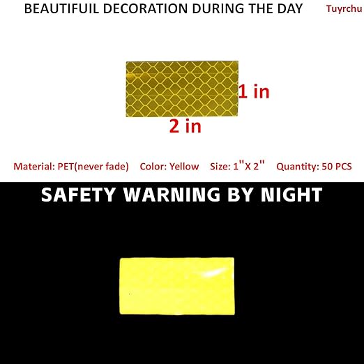 Non Fading Yellow Reflective Stickers 1 inch X 2 inch, Outdoor Waterproof High Visibility Warning Safety Adhesive Reflector Tape (50 Pcs)