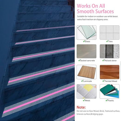 Anti Slip Tape, Clear Glow in The Dark Traction Grip Tape, 2 Inch x 32.8ft Waterproof Indoor/Outdoor, Non Slip Stair Treads Safety Tape(Clear with a line of Glow,Pink, 2" Width)