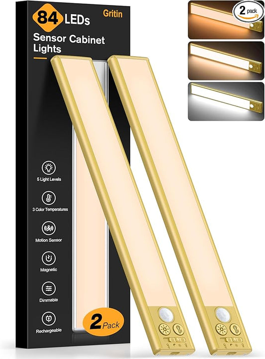 Gritin 10.2inch Under Cabinet Lighting Rechargeable -84 LED Super Bright,3-Color& 5 Level Brightness,4 Modes,Motion Sensor, Long Lasting- Easy Installation Magnetic Closet Lights -2 Pack-Gold